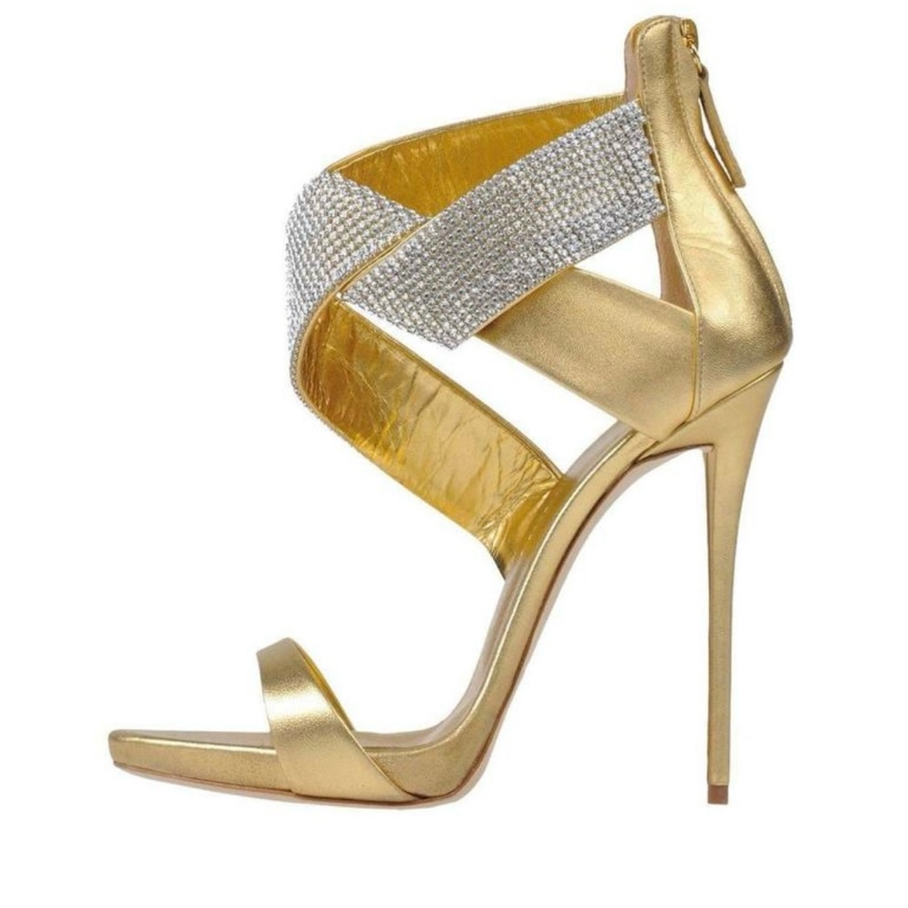 Giuseppe Zanotti Gold Leather Crystal Evening Heels Size 37 - Picture 2 of 10